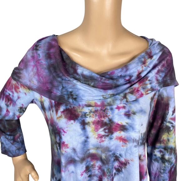 Soft Surroundings Blue Purple Tie Dye Cowl Neck Hooded Tunic Dress SZ M - Picture 3 of 8